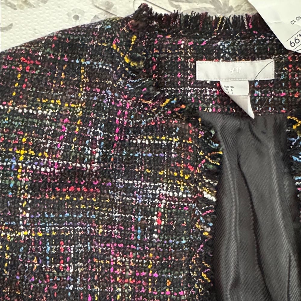 H&M Black Tweed Open-Front Fringe Jacket with Multicolor Thread